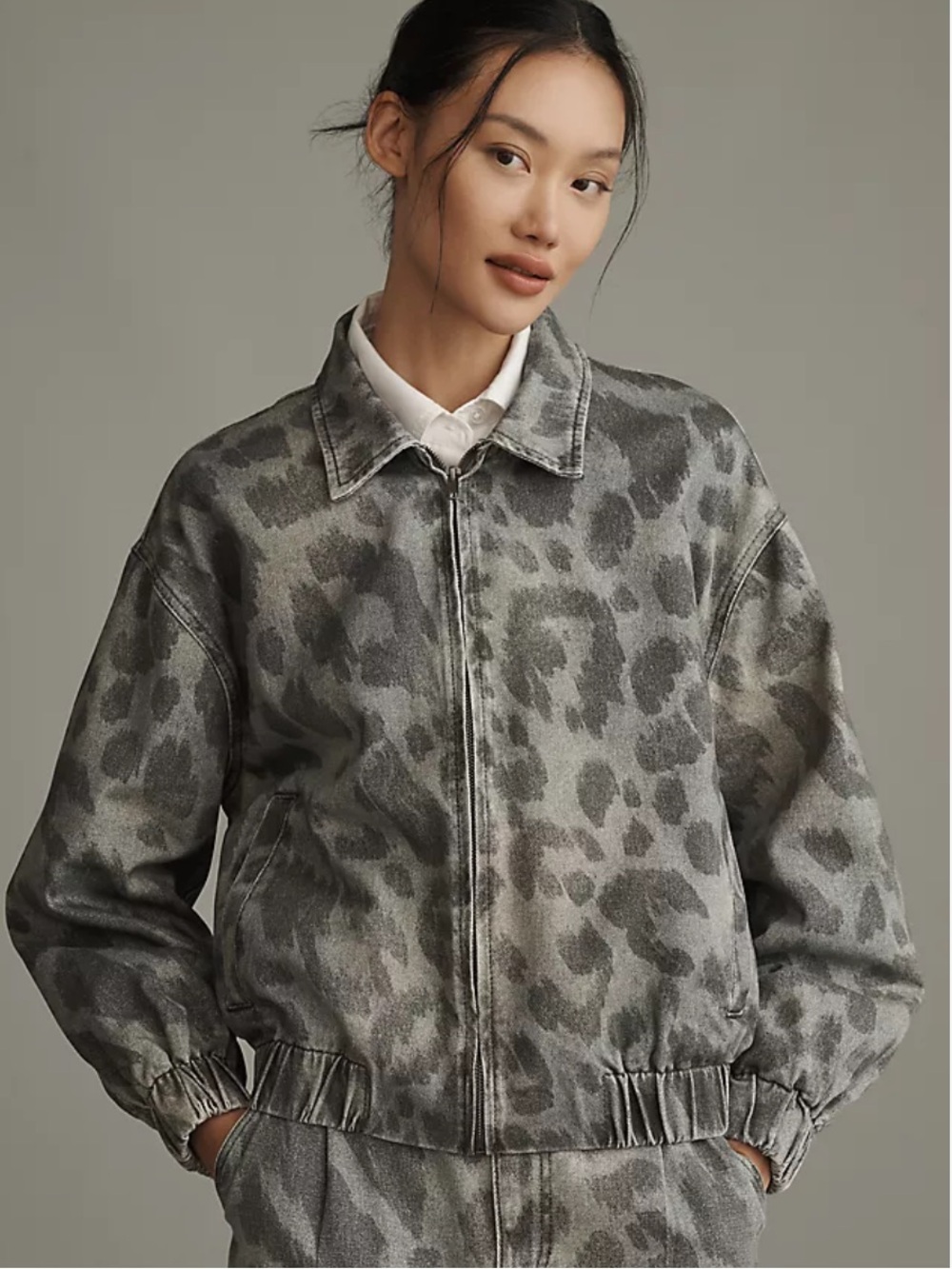 Anthropologie Pilcro Grey Leopard-Print Bomber Jacket